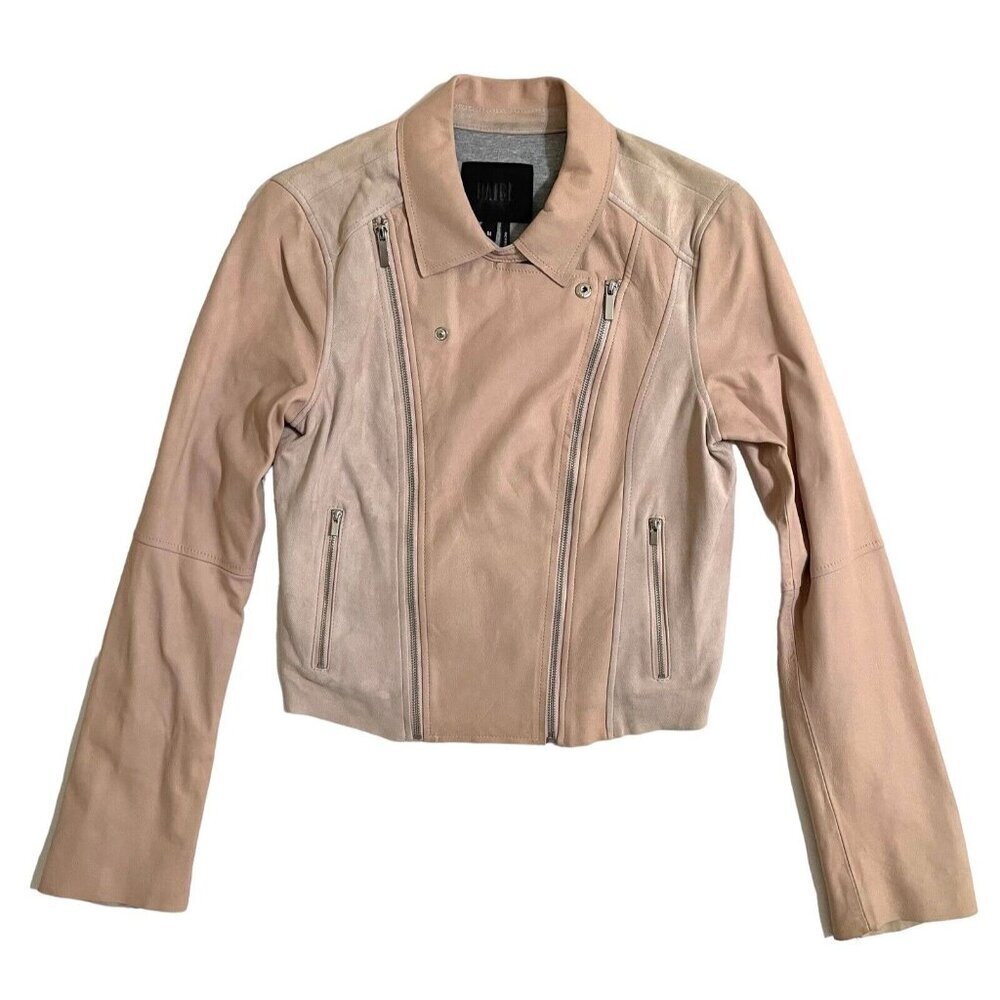 Paige Silvie Leather Moto Jacket Cropped Trim Pink Suede Leather Sz M - Picture 16 of 16